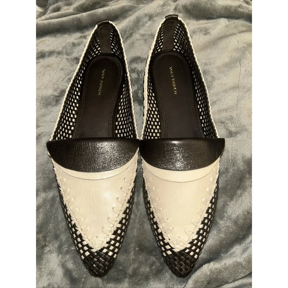 Tory Burch‎ SIZE 10 M Coco/ New Cream Envelope Bicolor Raffia Woven Loafers